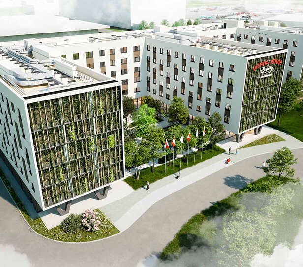 Rendering Gebäude Flughafen Hotel Schwechat mit begrünter Fassade