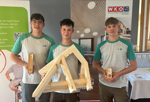 Drei Lehrlinge der Graf‑Holztechnik zeigen deren Pokale sowie das Bauwerks welches im Rahmen des Landeslehrlingswettbewerb der Zimmerer erarbeitet wurde