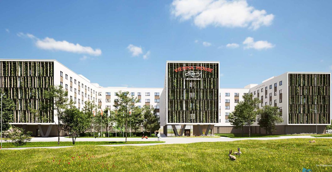 Rendering Gebäude Flughafen Hotel Schwechat mit begrünter Fassade