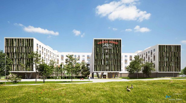 Rendering Gebäude Flughafen Hotel Schwechat mit begrünter Fassade