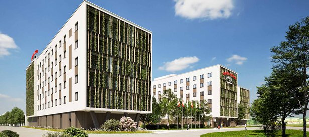 Rendering Gebäude Flughafen Hotel Schwechat mit begrünter Fassade