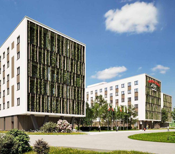 Rendering Gebäude Flughafen Hotel Schwechat mit begrünter Fassade